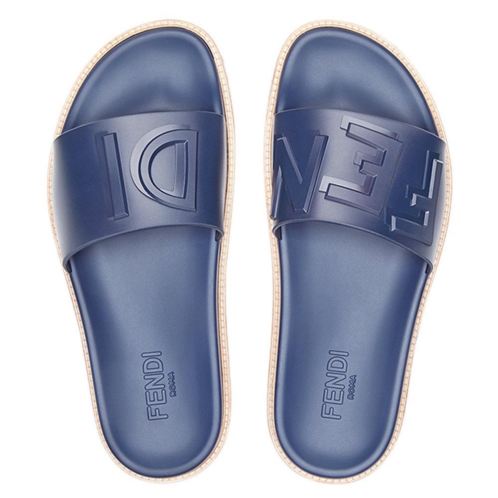 NWT - FENDI blue rubber embossed fendi logo slide sandals